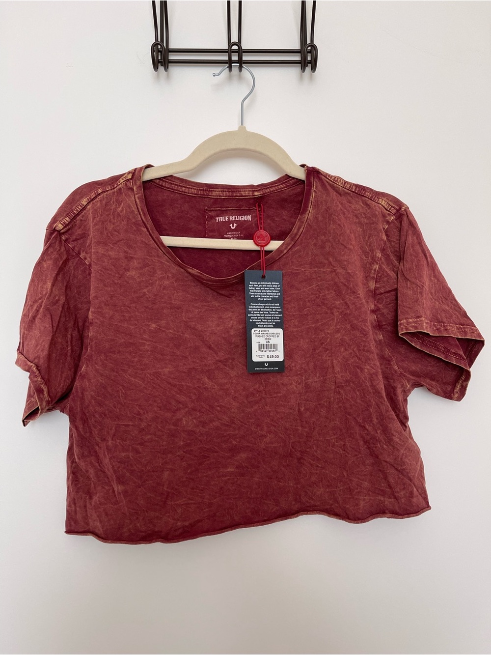 True Religion Washed Burgundy Short-Sleeve Crop Top Size XS